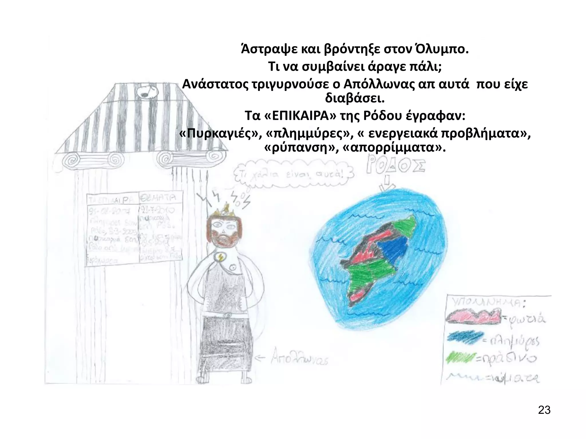 23
Άστραψε και βρόντηξε στον Όλυμπο.
Τι να συμβαίνει άραγε πάλι;
Ανάστατος τριγυρνούσε ο Απόλλωνας απ αυτά που είχε
διαβάσει.
Τα «ΕΠΙΚΑΙΡΑ» της Ρόδου έγραφαν:
«Πυρκαγιές», «πλημμύρες», « ενεργειακά προβλήματα»,
«ρύπανση», «απορρίμματα».
 