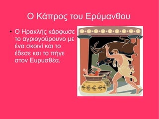 Ο Κάπρος του Ερύμανθου
● Ο Ηρακλής κάρφωσε
το αγριογούρουνο με
ένα σκοινί και το
έδεσε και το πήγε
στον Ευρυσθέα.
 