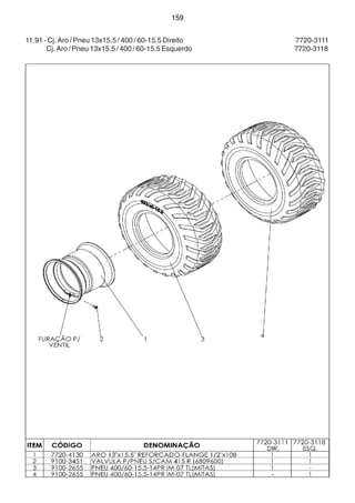 159 
11.91 - Cj. Aro / Pneu 13x15.5 / 400 / 60-15.5 Direito 7720-3111 
Cj. Aro / Pneu 13x15.5 / 400 / 60-15.5 Esquerdo 7720-3118 
 