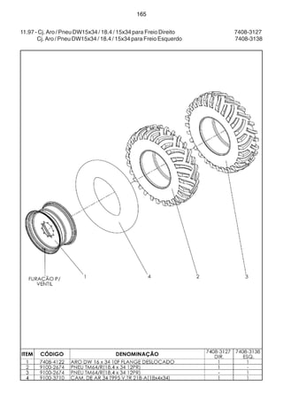 165 
11.97 - Cj. Aro / Pneu DW15x34 / 18.4 / 15x34 para Freio Direito 7408-3127 
Cj. Aro / Pneu DW15x34 / 18.4 / 15x34 para Freio Esquerdo 7408-3138 
 