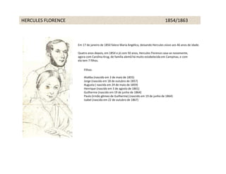 HERCULES FLORENCE                                                                     1854/1863



                    Em 17 de janeiro de 1850 falece Maria Angélica, deixando Hercules viúvo aos 46 anos de idade.

                    Quatro anos depois, em 1854 e já com 50 anos, Hercules Florence casa-se novamente,
                    agora com Carolina Krug, de família alemã há muito estabelecida em Campinas, e com
                    ela tem 7 filhos.

                        Filhos:

                        Ataliba (nascido em 3 de maio de 1855)
                        Jorge (nascido em 18 de outubro de 1857)
                        Augusta ( nascida em 24 de maio de 1859)
                        Henrique (nascido em 3 de agosto de 1861)
                        Guilherme (nascido em 19 de junho de 1864)
                        Paulo (irmão gêmeo de Guilherme) (nascido em 19 de junho de 1864)
                        Izabel (nascida em 22 de outubro de 1867)
 