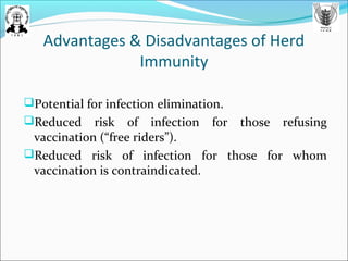 Advantages & Disadvantages of Herd
Immunity
Potential for infection elimination.
Reduced risk of infection for those refusing
vaccination (“free riders”).
Reduced risk of infection for those for whom
vaccination is contraindicated.
 