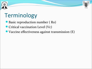 Terminology
Basic reproduction number ( Ro)
Critical vaccination Level (Vc)
Vaccine effectiveness against transmission (E)
 