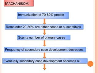 MACHANISOM:
Immunization of 70-80% people
Remainder 20-30% are either cases or susceptibles
Scanty number of primary cases
Frequency of secondary case development decreases
Eventually secondary case development becomes nil
 
