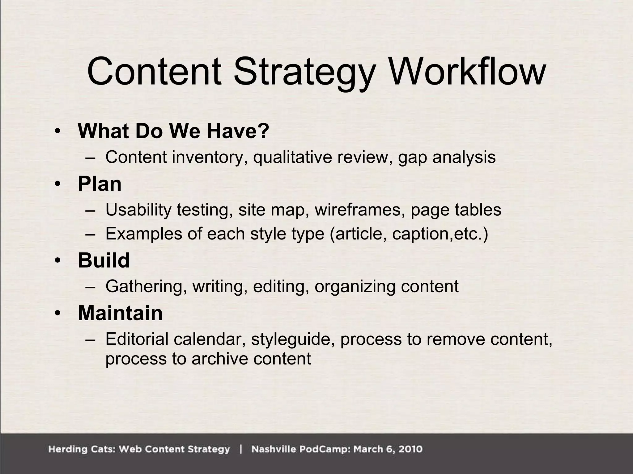 Content Strategy Workflow What Do We Have? Content inventory, qualitative review, gap analysis Plan Usability testing, site map, wireframes, page tables Examples of each style type (article, caption,etc.)  Build Gathering, writing, editing, organizing content Maintain Editorial calendar, styleguide, process to remove content, process to archive content 