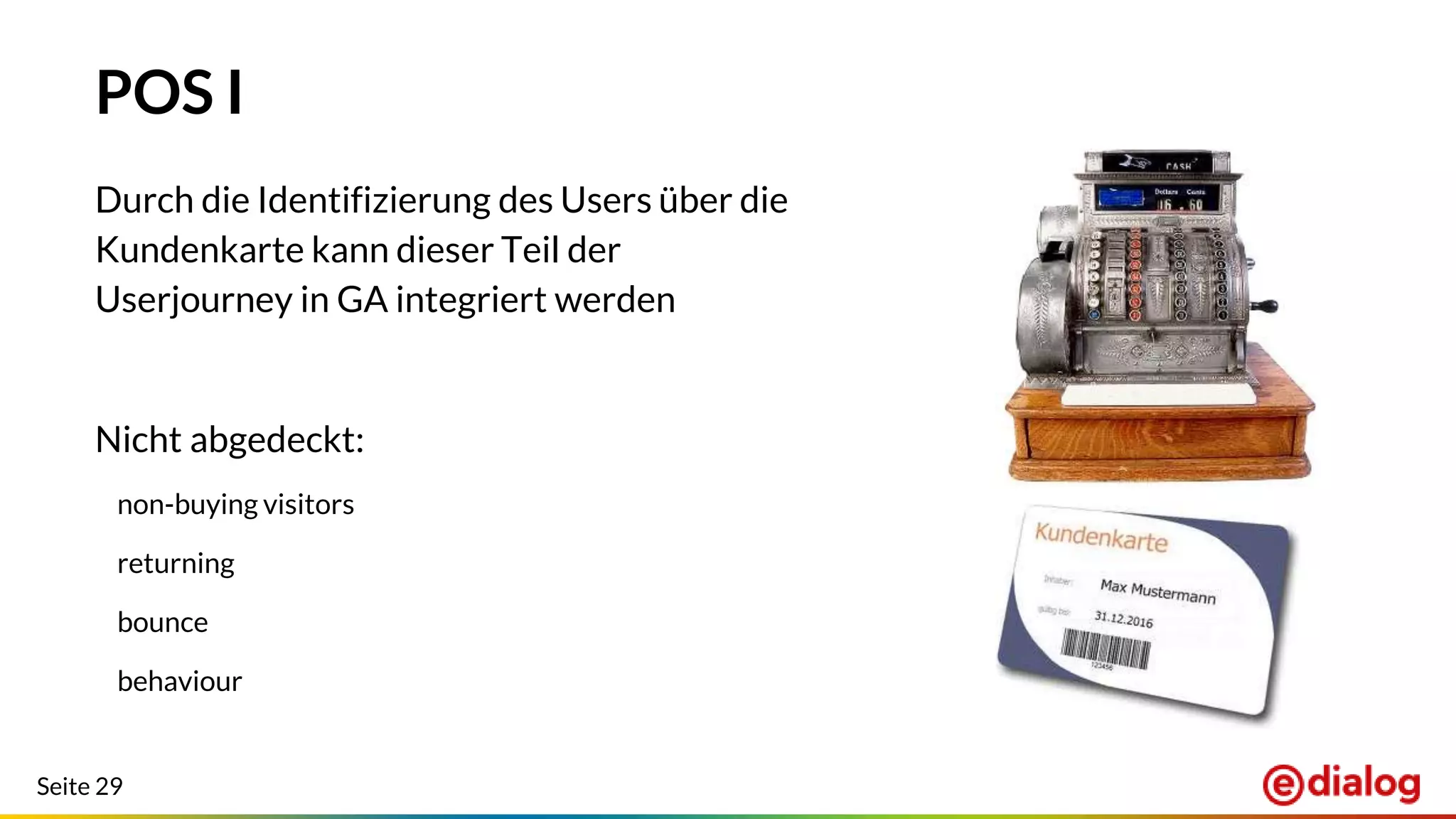 Seite 29
POS I
Durch die Identifizierung des Users über die
Kundenkarte kann dieser Teil der
Userjourney in GA integriert werden
Nicht abgedeckt:
non-buying visitors
returning
bounce
behaviour
 