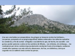 Una vez concluidos sus preparativos, los griegos se lanzaron contra los bárbaros…
Los persas, pensando en su propia seguridad, habían ordenado a los milesios custodiar
los senderos, a fin de contar -si llegaba a sucederles lo que, de hecho, les sucedió- con
guías y poder ponerse a salvo en las cumbres de Mícala… Los milesios, sin embargo, … los
condujeron por otros caminos (que justamente conducían hacia el enemigo) y acabaron
siendo ellos quienes con más saña los diezmaron. Así fue, en definitiva, como por
segunda vez se sublevó Jonia contra los persas.

 