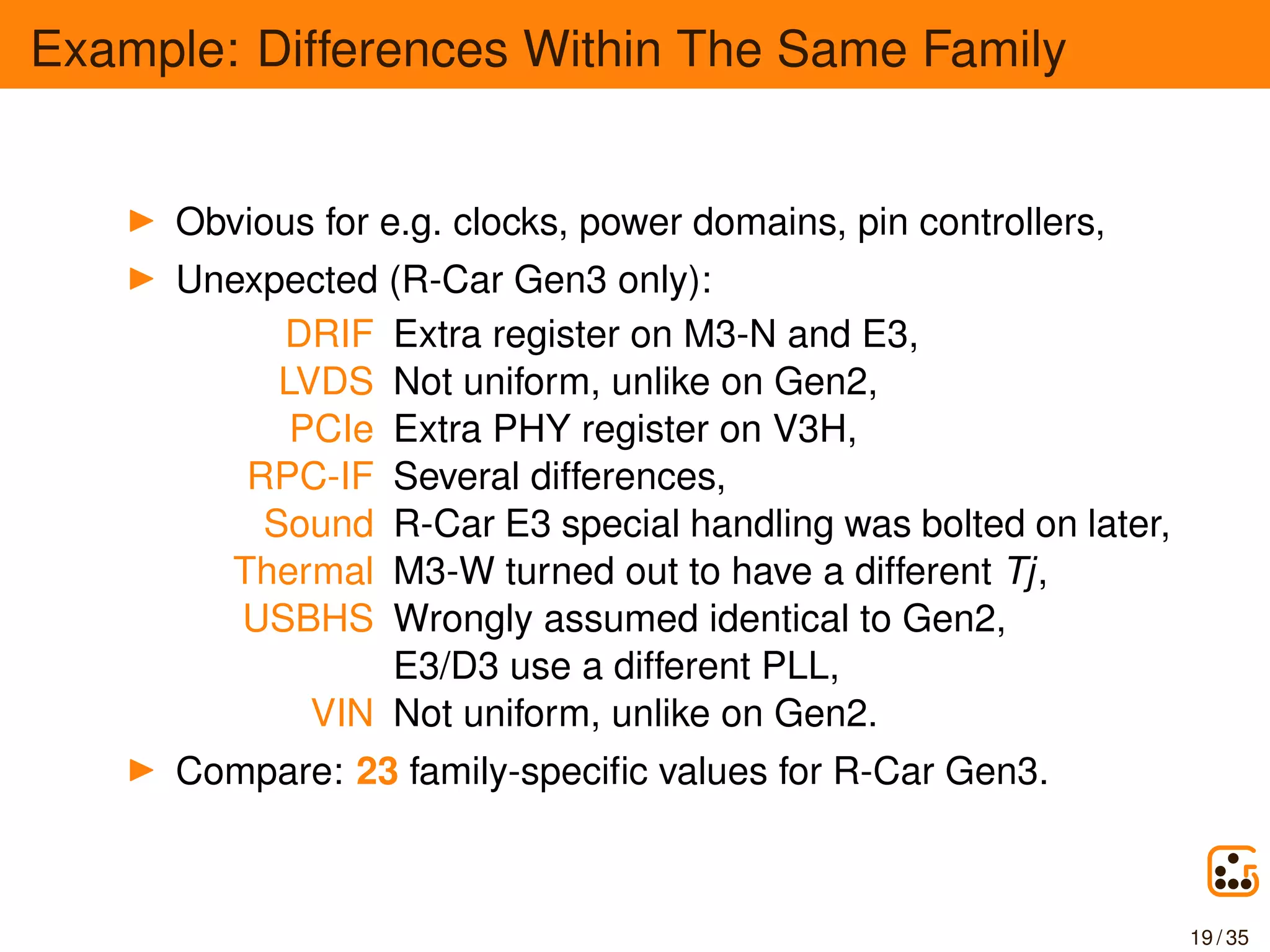 Example: Differences Within The Same Family
Obvious for e.g. clocks, power domains, pin controllers,
Unexpected (R-Car Gen3 only):
DRIF Extra register on M3-N and E3,
LVDS Not uniform, unlike on Gen2,
PCIe Extra PHY register on V3H,
RPC-IF Several differences,
Sound R-Car E3 special handling was bolted on later,
Thermal M3-W turned out to have a different Tj,
USBHS Wrongly assumed identical to Gen2,
E3/D3 use a different PLL,
VIN Not uniform, unlike on Gen2.
Compare: 23 family-speciﬁc values for R-Car Gen3.
19 / 35
 