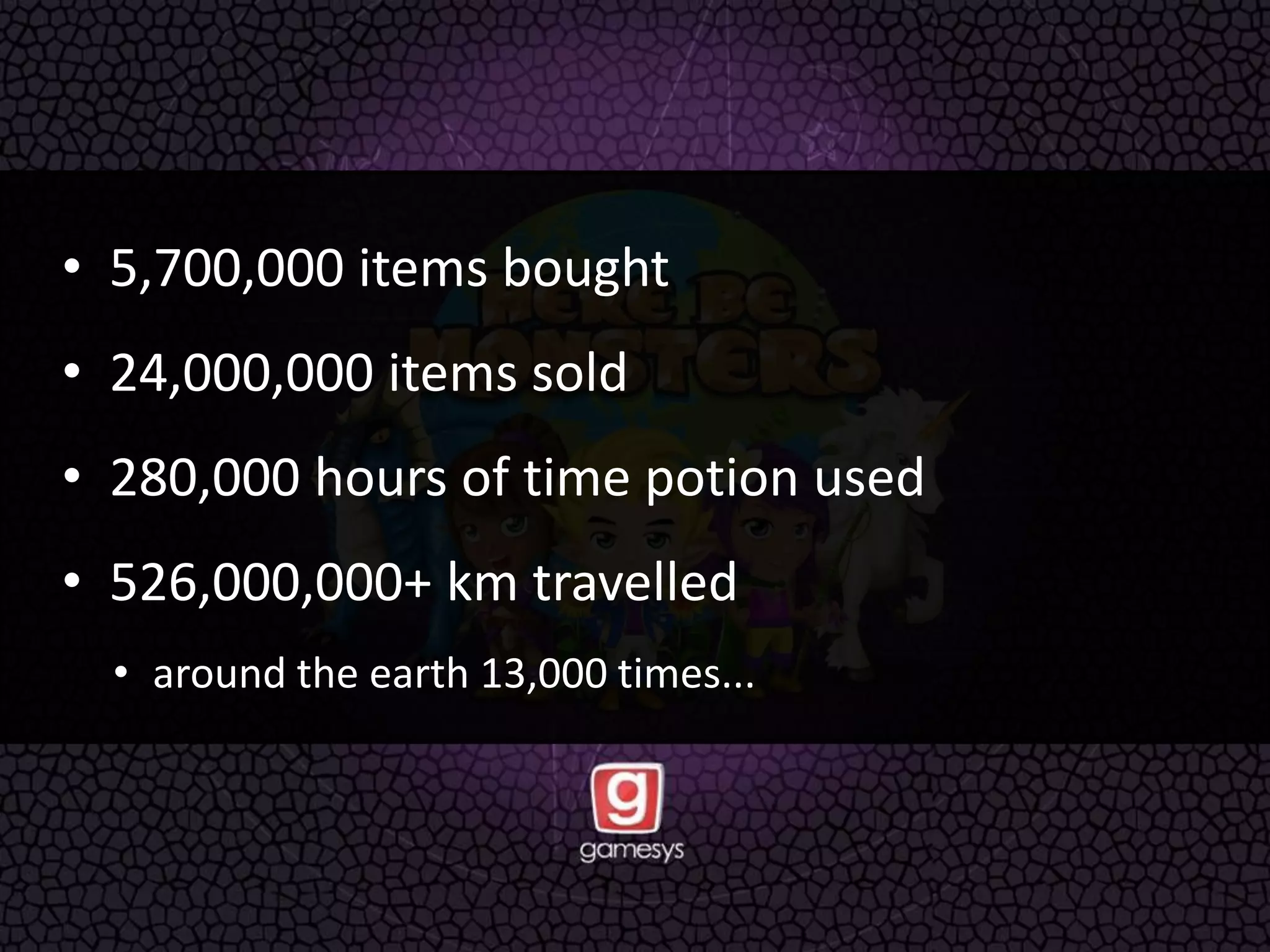 • 5,700,000 items bought
• 24,000,000 items sold
• 280,000 hours of time potion used
• 526,000,000+ km travelled
• around the earth 13,000 times...
 