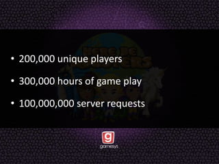 • 200,000 unique players
• 300,000 hours of game play
• 100,000,000 server requests
 
