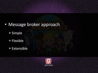 • Message broker approach
+ Simple
+ Flexible
+ Extensible
 