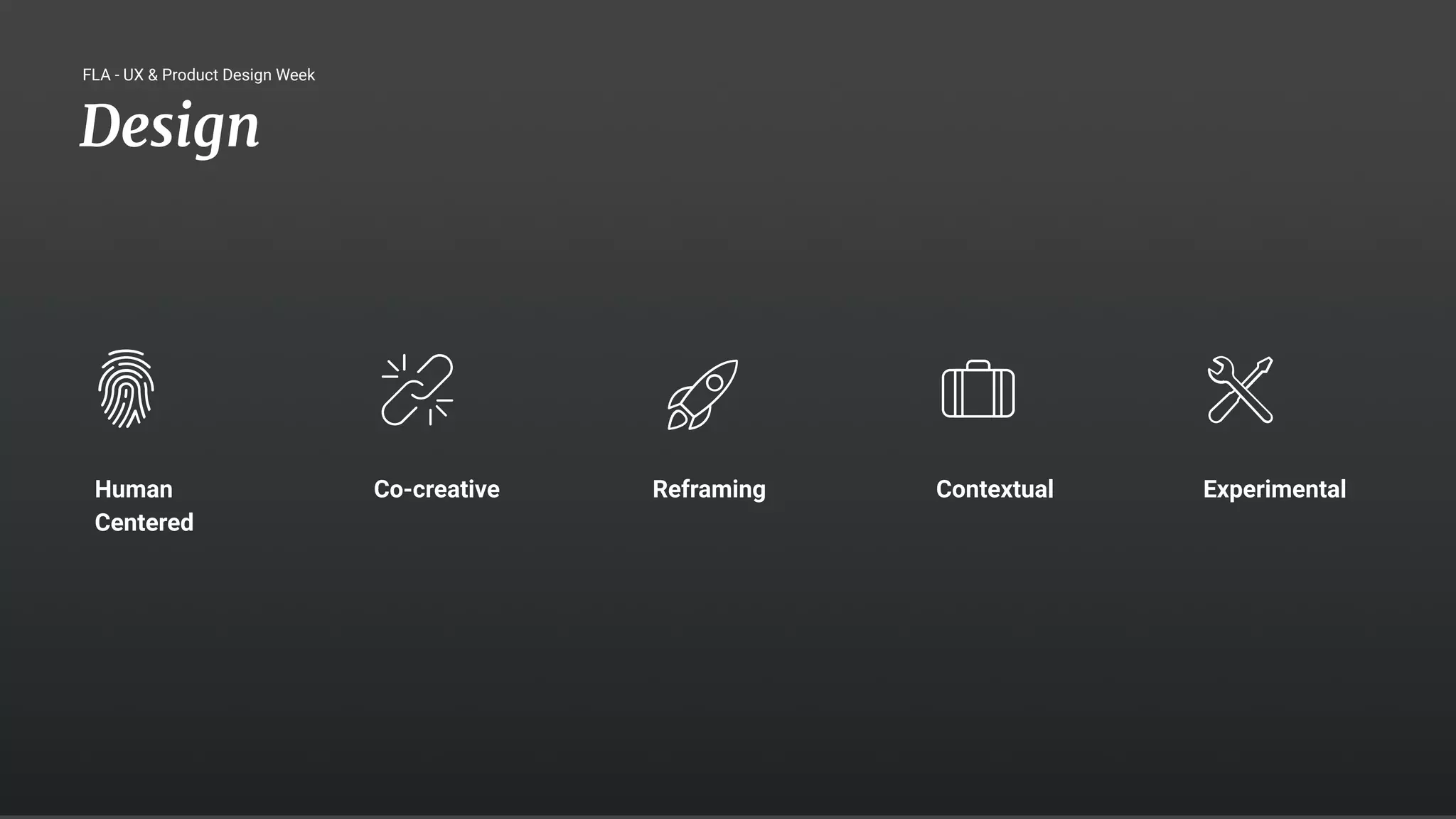 11
Human
Centered
Reframing Contextual Experimental
Co-creative
Design
FLA - UX & Product Design Week
 