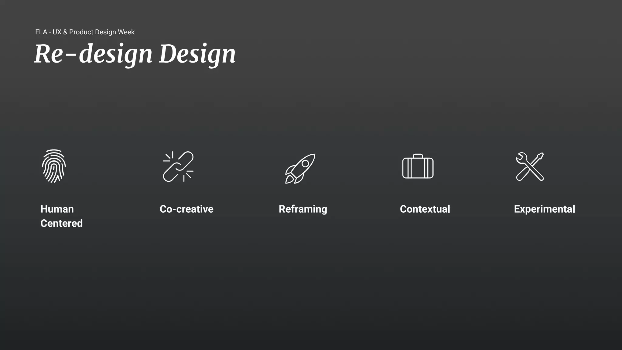 22
Human
Centered
FLA - UX & Product Design Week
Reframing Contextual Experimental
Co-creative
Re-design Design
 