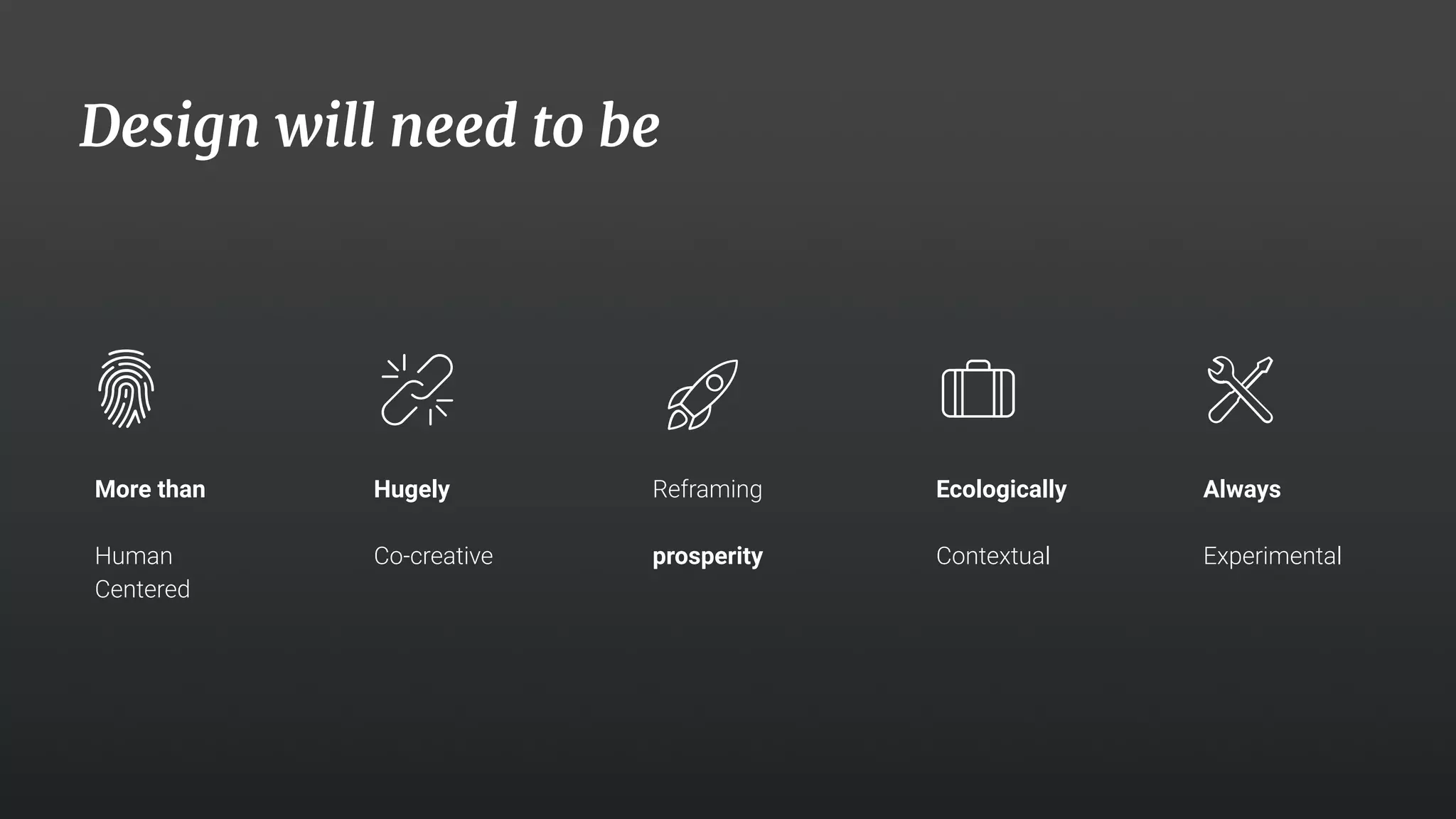 28
More than
Human
Centered
Reframing
prosperity
Ecologically
Contextual
Always
Experimental
Hugely
Co-creative
Design will need to be
 