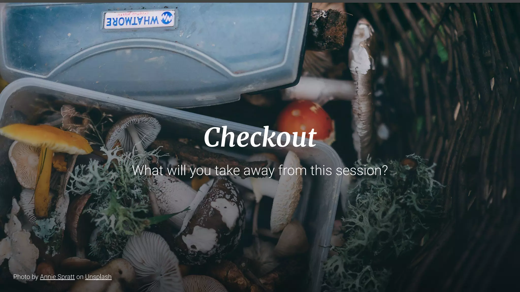 57
Checkout
What will you take away from this session?
Photo by Annie Spratt on Unsplash
 