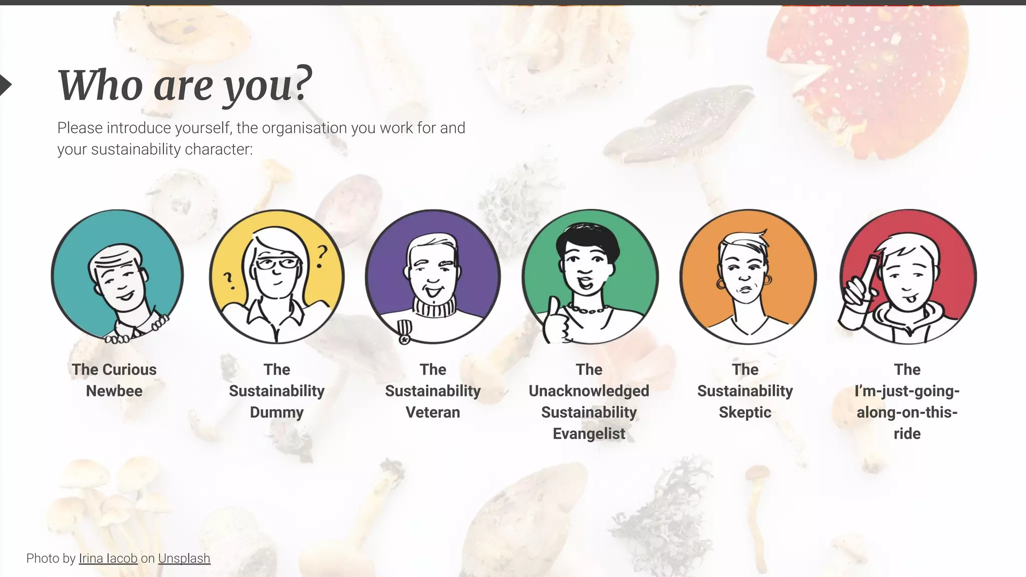 9
The Curious
Newbee
Who are you?
The
Sustainability
Dummy
The
Sustainability
Veteran
The
Unacknowledged
Sustainability
Evangelist
The
Sustainability
Skeptic
The
I’m-just-going-
along-on-this-
ride
Please introduce yourself, the organisation you work for and
your sustainability character:
Photo by Irina Iacob on Unsplash
 