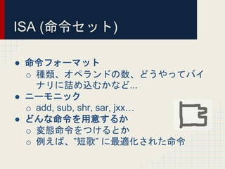 ISA (命令セット)
● 命令フォーマット
o 種類、オペランドの数、どうやってバイ
ナリに詰め込むかなど...
● ニーモニック
o add, sub, shr, sar, jxx&hellip;
● どんな命令を用意するか
o 変態命令をつけるとか
o 例えば、&rdquo;短歌&rdquo; に最適化された命令
 