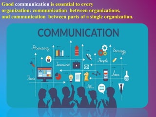 Good communication is essential to every
organization: communication between organizations,
and communication between parts of a single organization.
 