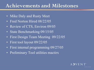 Achievements and Milestones
•   Mike Daly and Rusty Meet
•   Fred Norton Hired 08/22/05
•   Review of CTS, Environ 09/05
•   State Benchmarking 09/15/05
•   First Design Team Meeting 09/22/05
•   First tool layout 09/22/05
•   First internal programming 09/27/05
•   Preliminary Tool utilities mactirx
 