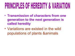 • Transmission of characters from one
generation to the next generation is
called heredity
• Variations are existed in the wild
populations of plants &animals
 