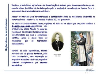 Desde os primórdios da agricultura e da domesticação de animais que o homem reconheceu que as
                                    características dos filhos são herdadas pelos pais, procedendo à sua selecção de forma a fazer o
                                    apuramento de determinadas características .

                                    Apesar do interesse pela hereditariedade o conhecimento sobre os mecanismos envolvidos na
Noções básicas de hereditariedade



                                    transmissão dos caracteres, até meados do século XIX, era quase nulo.
                                    As bases da hereditariedade foram propostas há mais de um século por um padre católico e
                                    A partir chamado Mendel.
                                    professor das suas experiências com
                                    ervilheiras de cheiro Mendel foi capaz de
                                    reconhecer os princípios fundamentais da
                                    hereditariedade que hoje a comunidade
                                    científica aplica a quase todos os
                                    organismos      que    se     reproduzem
                                    sexuadamente.

                                    Durante as suas experiências, Mendel
                                    percebeu que as plantas herdavam, para
                                    cada característica, uma informação do
                                    progenitor masculino e outra do progenitor
                                    feminino, designando-as por factores
                                    hereditários.
 