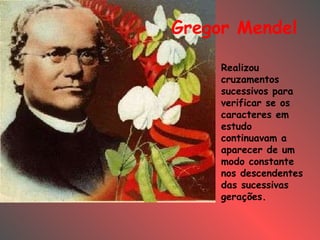 Gregor Mendel Realizou  cruzamentos sucessivos para verificar se os caracteres em estudo continuavam a aparecer de um modo constante nos descendentes das sucessivas gerações.  