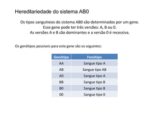 Os tipos sanguíneos do sistema AB0 são determinados por um gene. Esse gene pode ter três versões: A, B ou 0. As versões A e B são dominantes e a versão 0 é recessiva. Os genótipos possíveis para este gene são os seguintes: Hereditariedade do sistema AB0 Genótipo Fenótipo AA Sangue tipo A AB Sangue tipo AB A0 Sangue tipo A BB Sangue tipo B B0 Sangue tipo B 00 Sangue tipo 0 