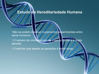 Estudo da Hereditariedade Humana


Limitações:
Não se podem efectuar cruzamentos experimentais entre
seres humanos
• O número de cromossomas da espécie humana é muito
elevado
• O período que separa as gerações é muito longo
 
