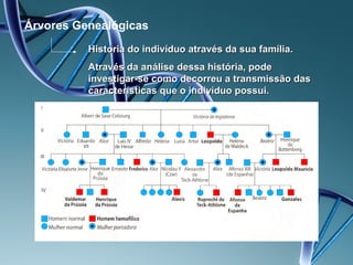 Árvores Genealógicas
          História do indivíduo através da sua família.
          Através da análise dessa história, pode
          investigar-se como decorreu a transmissão das
          características que o indivíduo possui.
 