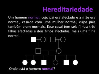 HereditariedadeO que é uma árvore genealógica?Também chamado de pedigree ou genealogia.Representa as relações de parentesco entre indivíduos.Representa o padrão de certa herança numa  família.