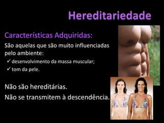 Hereditariedade	Características Adquiridas:	São aquelas que são muito influenciadas pelo ambiente:desenvolvimento da massa muscular;