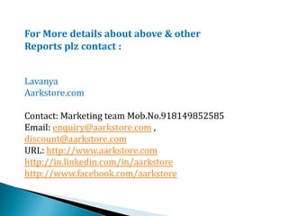 For More details about above & other
Reports plz contact :


Lavanya
Aarkstore.com

Contact: Marketing team Mob.No.918149852585
Email: enquiry@aarkstore.com ,
discount@aarkstore.com
URL: http://www.aarkstore.com
http://in.linkedin.com/in/aarkstore
http://www.facebook.com/aarkstore
 
