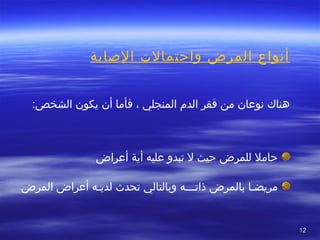 1212
‫الصابة‬ ‫واحتمالت‬ ‫المرض‬ ‫أسنواع‬
 
:‫الشخص‬ ‫يكون‬ ‫أن‬ ‫فأما‬ ، ‫المنجلي‬ ‫الدم‬ ‫فقر‬ ‫من‬ ‫سنوعان‬ ‫هناك‬
‫أعراض‬ ‫أية‬ ‫عليه‬ ‫تبدو‬ ‫ل‬ ‫حيث‬ ‫للمرض‬ ‫حامل‬
‫المرض‬ ‫أعراض‬ ‫لديـه‬ ‫تحدث‬ ‫وبالتالي‬ ‫ذاتـــه‬ ‫بالمرض‬ ‫مريضـا‬
 