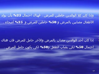 1717
 ‫وإذاا كانا كلا‬ ‫الوالدينا حاملينا‬ ‫للمرضا ،ا فهناكا احتمالا‬25% ‫ا بأنا يولدا‬
 ‫الفطفالا مصابينا‬ ‫بالمرضا وا‬50% ‫ا حاملينا للمرضا وا ا‬25%. ‫ا أصحاءا‬
 
 ‫إذاا كانا أحدا الوالدينا مصابا بالمرضا والرخرا حاملا للمرضا فانا هناكا‬
 ‫احتمالا‬50%‫ا لكيا يصابا الطفلا و‬50% ‫لكيا يكونا حاملا للمرضا .ا‬
 
 