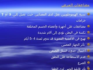 2727
‫المرض‬ ‫مضاعفات‬
 
‫نسصبة‬ ‫ا‬ ‫الهيموجلوبيصنا‬ ‫المصصابينا‬  ‫لدىا‬  ‫تقصلا‬ ‫حيصثا‬‫إلصى‬  ‫تصصلا‬5 ‫أوا‬  ‫ا‬7 ‫ا‬
‫جرامات‬
 ‫مضاعفاتا علىا أجهزةا وأعضاءا الجسما المختلفةا‬
 ‫نكسةا فيا البطنا‬‫تؤدي‬ ‫ا‬‫إلىا آلما شديدة‬
‫تهيج‬ ‫ا‬‫فيا الشغشية‬ ‫ا‬ ‫المعويةا قدا تدوما لمدةا‬4- ‫ا‬5‫ا أيام‬
‫ا تأثرا الجهازا العصبي‬
 ‫احتمالا حدوثا الشللا النصفيا‬
 ‫عدما الستطاعةا علىا النطقا‬
 ‫الصرعا‬
 
