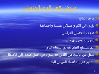 44
‫المنجلي‬ ‫الدم‬ ‫فقر‬ ‫مرض‬
‫شائع‬ ‫مرض‬
‫م‬ ‫و‬ ‫آلم‬ ‫إلى‬ ‫يؤدي‬‫شاكل‬‫وإجتماعية‬ ‫سنفسية‬
‫الدراسي‬ ‫التحصيل‬ ‫ضعف‬
‫ذسنب‬ ‫أي‬ ‫للمريض‬ ‫ليس‬
‫العلم‬ ‫يستطع‬ ‫لم‬‫التام‬ ‫الشفاء‬ ‫تقديم‬
‫ي‬‫نت‬‫قد‬ ‫اللذين‬ ‫الشخاص‬ ‫من‬ ‫قل‬‫في‬ ‫يبدون‬‫أكمل‬‫صحة‬‫الطفال‬ ‫إلى‬
‫للبلد‬ ‫القومي‬ ‫القتصاد‬ ‫على‬ ‫التأثير‬
 