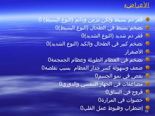 5959
‫العراض‬:
‫د م‬ ‫فقر‬(‫البسيط‬ ‫)النوع‬ ‫ودائم‬ ‫مزمن‬ ‫ولكن‬ ‫بسيط‬0 
‫بسيط‬ ‫تضخم‬‫في‬(‫البسيط‬ ‫)النوع‬ ‫الطحال‬0
(‫الشديد‬ ‫)النوع‬ ‫شديد‬ ‫د م‬ ‫فقر‬0
(‫الشديد‬ ‫)النوع‬ ‫والكبد‬ ‫الطحال‬ ‫في‬ ‫كبير‬ ‫تضخم‬0
‫الاصفرار‬
‫الجمجمة‬ ‫وعظا م‬ ‫الطويلة‬ ‫العظا م‬ ‫في‬ ‫تضخم‬0
‫تقلصه‬ ‫بسبب‬ ‫العظا م‬ ‫جدار‬ ‫كسر‬ ‫وسهولة‬ ‫ضعف‬0
‫الجسم‬ ‫نمو‬ ‫في‬ ‫نقص‬0
‫والدوري‬ ‫التنفسي‬ ‫الجهاز‬ ‫في‬ ‫مضاعفا ت‬0
‫الساق‬ ‫في‬ ‫قروح‬0
‫المرارة‬ ‫في‬ ‫تحصوا ت‬0
‫القلب‬ ‫عمل‬ ‫وهبوط‬ ‫إضطرا ب‬0
 