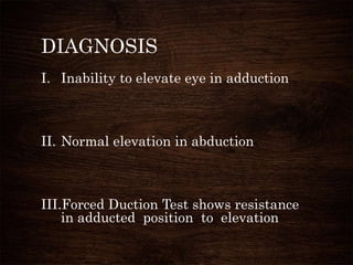 DIAGNOSIS
I. Inability to elevate eye in adduction
II. Normal elevation in abduction
III.Forced Duction Test shows resistance
in adducted position to elevation
 