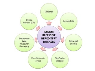 Diabetes

Cystis
fibrosis (CF)

hemophilia

MAJOR
RECESSIVE
HEREDITERY
DISEASES

Duchennetype
muscular
dystrophy

Phenylketonuria
( PKU )

Tay-Sachs
disease

Sickle-cell
anemia

 