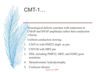 CMT-1…
– Neurological deficits correlate with reductions in
CMAP and SNAP amplitudes rather than conduction
velocity.
– Uniform conduction slowing
1. CMT1A with PMP22 dupli. or pm.
2. CMT1B with MPZ pm
3. DSS, including PMP22, MPZ, and EGR2 gene
mutations
4. Metachromatic leukodystrophy
5. Cockayne disease
(Lewis et al., 2000).
 