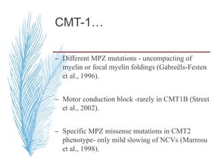 CMT-1…
– Different MPZ mutations - uncompacting of
myelin or focal myelin foldings (Gabreëls-Festen
et al., 1996).
– Motor conduction block -rarely in CMT1B (Street
et al., 2002).
– Specific MPZ missense mutations in CMT2
phenotype- only mild slowing of NCVs (Marrosu
et al., 1998).
 
