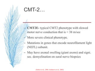 CMT-2…
– CMT2E- typical CMT2 phenotype with slowed
motor nerve conduction that is < 38 m/sec
– More severe clinical phenotype.
– Mutations in genes that encode neurofilament light
(NEFL) subunit.
– May have axonal swelling (giant axons) and signi.
sec. demyelination on sural nerve biopsies
(Fabrizi et al., 2006; Jordanova et al., 2003)
 