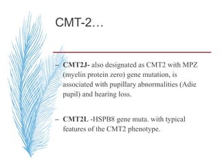 CMT-2…
– CMT2J- also designated as CMT2 with MPZ
(myelin protein zero) gene mutation, is
associated with pupillary abnormalities (Adie
pupil) and hearing loss.
– CMT2L -HSPB8 gene muta. with typical
features of the CMT2 phenotype.
 
