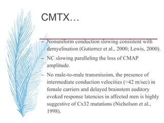 CMTX…
– Nonuniform conduction slowing consistent with
demyelination (Gutierrez et al., 2000; Lewis, 2000).
– NC slowing paralleling the loss of CMAP
amplitude.
– No male-to-male transmission, the presence of
intermediate conduction velocities (>42 m/sec) in
female carriers and delayed brainstem auditory
evoked response latencies in affected men is highly
suggestive of Cx32 mutations (Nicholson et al.,
1998).
 