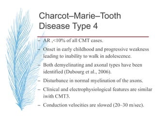Charcot–Marie–Tooth
Disease Type 4
– AR ,<10% of all CMT cases.
– Onset in early childhood and progressive weakness
leading to inability to walk in adolescence.
– Both demyelinating and axonal types have been
identified (Dubourg et al., 2006).
– Disturbance in normal myelination of the axons.
– Clinical and electrophysiological features are similar
iwith CMT3.
– Conduction velocities are slowed (20–30 m/sec).
 