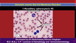 1-Hereditary spherocytosis HS
Hemolytic anemia Red Cell Membrane Disorders
Developed by-Dr.Abdulrazzaq Othman Alagbare
M.D M.S.c C.P - Lecturer of Hematology and Immunohematology
1
 