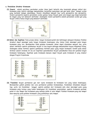 a. Perubahan Struktur Kromosom 
(1) Inversi adalah peristiwa perubahan urutan lokus (gen) terbalik atau berpindah sebagai akibat dari 
kromosom yang terpilin sehingga menyebabkan terjadinya penyisipan gen-gen pada lokus dengan urutan 
yang berbeda dengan sebelumnya. Inversi dibedakan menjadi dua, yaitu parasentris dan perisentris. 
Inversi parasentris apabila perubahan urutan gennya hanya terjadi pada satu lengan saja tanpa berpindah 
ke lengan yang lain melewati sentromer. Sedangkan inversi perisentris adalah perubahan urutan gen yang 
terjadi antara kedua lengan yang melewati sentromer. 
(2) Delesi dan Duplikasi. Pada proses delesi, lengan kromosom patah dan kehilangan sebagian lokusnya. Patahan 
tersebut dapat menempel pada lengan kromosom homolognya atau bebas tidak menempel pada lengan 
kromosom yang lain. Berdasarkan letak patahan kromosom, delesi dapat dibedakan menjadi dua, yaitu 
delesi interkalar apabila patahannya terjadi di dua bagian sehingga menyebabkan bagian tengahnya hilang. 
Sedangkan delesi terminal apabila patahannya terletak pada ujung lengan kromosom. Contoh pada delesi 
terminal adalah Sindoma Cri-du-cat. Duplikasi (penambahan) terjadi penambahan lokus dari patahan lengan 
kromosom homolognya. Duplikasi pada kromosom manusia dapat terjadi pada kromosom X yang disebut 
dengan Fragile X syndrome. 
(3) Transloksi terjadi pertukaran gen dari suatu kromosom ke kromosom lain yang bukan homolognya. 
Berdasarkan jumlah patahan dan cara pertukaran patahan kromosomnya, translokasi dibedakan menjadi 
tiga, yaitu: (a) translokasi tunggal, apabila patahan dari kromosom satu akan men empel pada ujung 
kromosom yang lainnya yang bukan homolognya (b) translokasi perpindahan, apabila kromosom pertama 
patah di dua tempat dan kromosom yang satunya patah di satu tempat. Patahan kromosom yang dua tempat 
akan menyisip pada patahan kromosom yang patahannya satu tempat. 
 