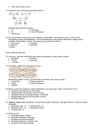 e. 100% anak-naknya normal 
71. Perhatikan peta silsilah Golongan Darah berikut ! 
Golongan darah Individu X adalah … 
a. O d. A homozigot 
b. AB e. A atau B homozigot 
c. B homozigot 
72. Dari penyelidikan urine seorang cacat meneurun diketemukan adalnya phenil piruval. Sifat ini ada 
hubungannya dengan ketidakmampuan individu menyelesaikan suatu proses metabolisme sebagai akibat 
kesalahan dalam sintesis protein. Cacat menurun yang demikian disebut … 
a. Buta warna d. Albinisme 
b. Hemofilia e. Polidactili 
c. Imbisil 
SOAL LATIHAN MUTASI 
73. Jika suatu organisme kehilangan satu pasang kromosomenya karena mutasi disebut … 
a. Monosomi d. aneusomi 
b. Trisomi e. nulliosomi 
c. Tetrasomi 
74. Perhatikan gambar peta kromosome berikut ! 
Berdasarkan gambar di atas, jenis kerusakan kromosome yang terjadi adalah … 
a. Translokasi d. inversi perisentrik 
b. Delesi e. inverse parasentrik 
c. duplikasi 
75. Mutasi buatan pada tumbuhan dapat menghasilkan buah yang besar tetapi tidak berbiji. Hal ini … 
a. merugikan bagi manusia dan individunya 
b. menguntungkan bagi manusia dan individunya 
c. merugikan manusia dan menguntungkan individunya 
d. menguntungkan manusia dan merugikan individu 
e. merigikan manusia. 
76. Sidrome Turner dapat disebabkan oleh peristiwa mutasi kromosome, sehingga penderita ini meiliki formula 
kromosome … 
a. Monosomik (2N + 1) d. Trisomik (2N + 2) 
b. Monosomik (2N – 1) e. Ntlliosomik (2N-2) 
c. Trisomik (2N + 1) 
77. Mutasi berarti …. 
a. perubahan jumlah autosom 
b. perubahan kromosom dalam gen 
c. perubahan gen dalam kromosom 
d. perubahan komposisi kromosom seks 
e. perubahan hanya pada gen saja 
 