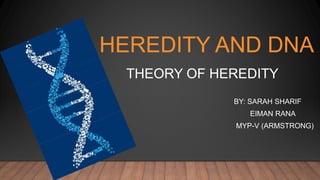HEREDITY AND DNA
THEORY OF HEREDITY
BY: SARAH SHARIF
EIMAN RANA
MYP-V (ARMSTRONG)
 