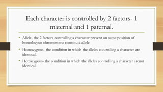 Each character is controlled by 2 factors- 1
maternal and 1 paternal.
• Allele- the 2 factors controlling a character present on same position of
homologous chromosome constitute allele
• Homozygous- the condition in which the alleles controlling a character are
identical.
• Hetrozygous- the condition in which the alleles controlling a character arenot
identical.
 